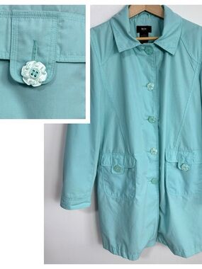 Vintage Mossimo Pastel Blue Trench Coat with Whimsical Floral Buttons Size L